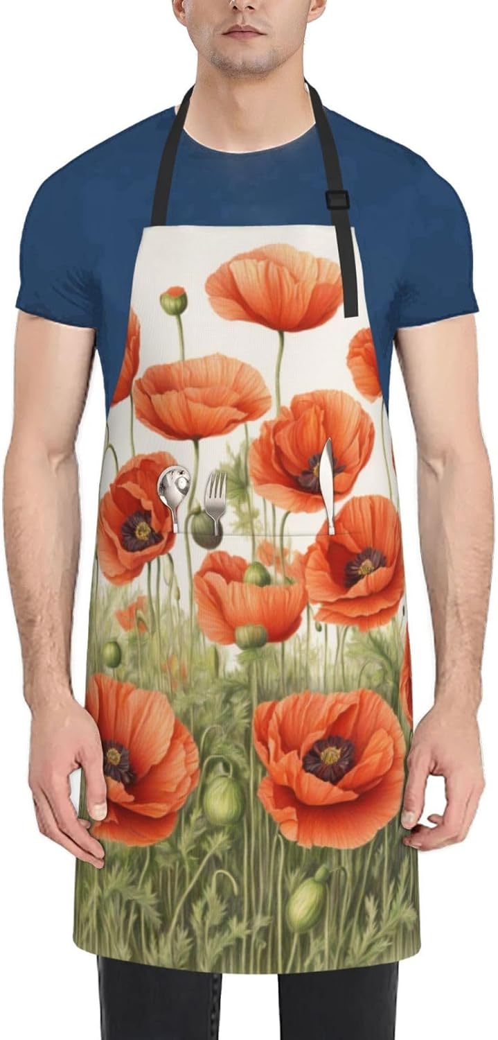 poppy flowers Print Laundry apron 28x33 In Waterproof Kitchen Apron with Pockets for Cooking Baking