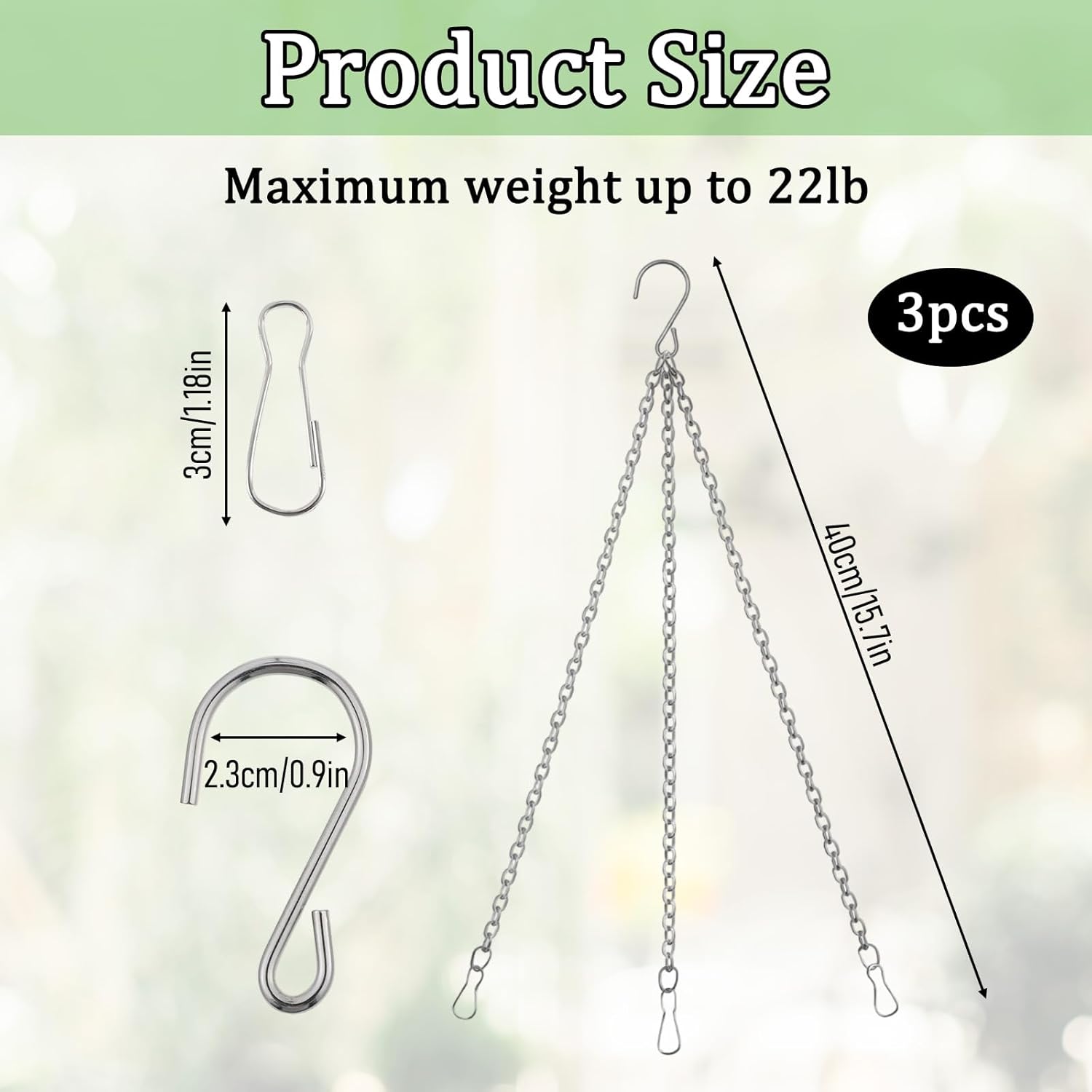 3Pcs 16 Inch Hanging Basket Chain with Hooks, Sliver Metal Flower Plan