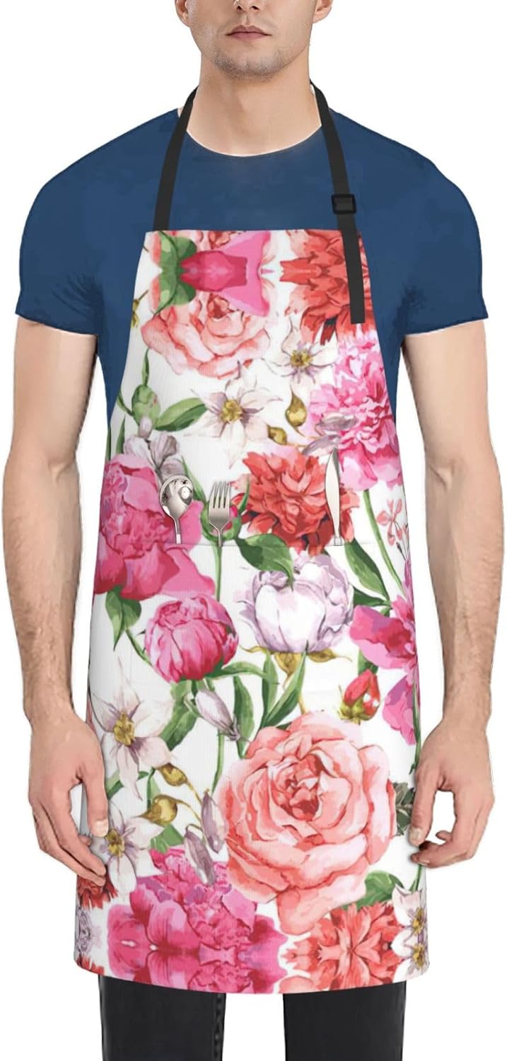 Garden Peony print Waterproof apron with pocket adjustable cooking apron for adult kitchen bibs to bake