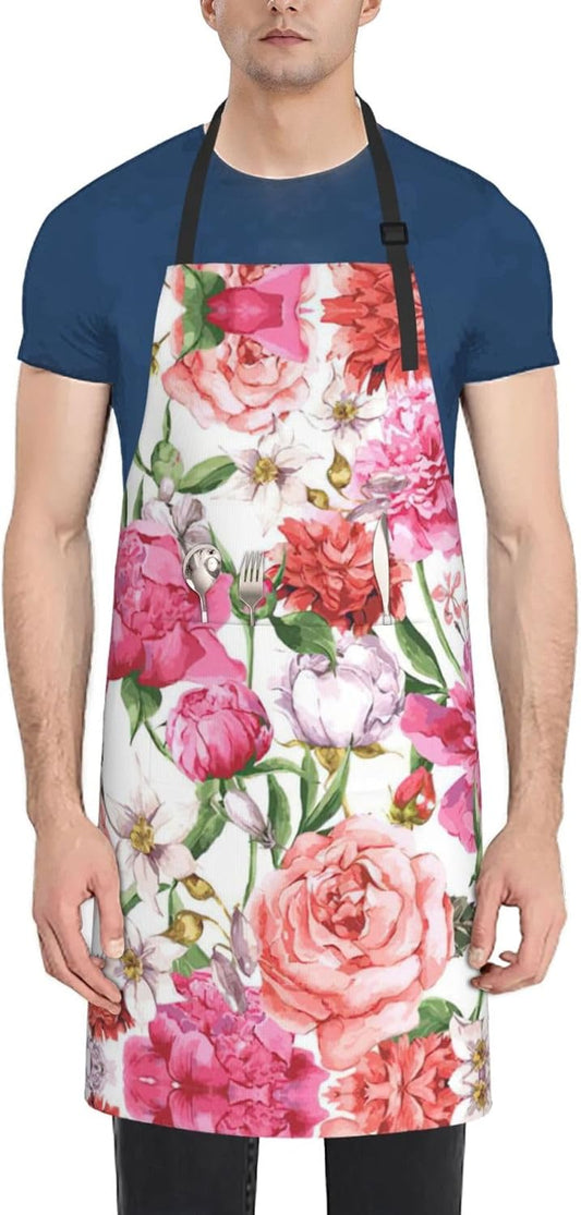 Garden Peony print Waterproof apron with pocket adjustable cooking apron for adult kitchen bibs to bake