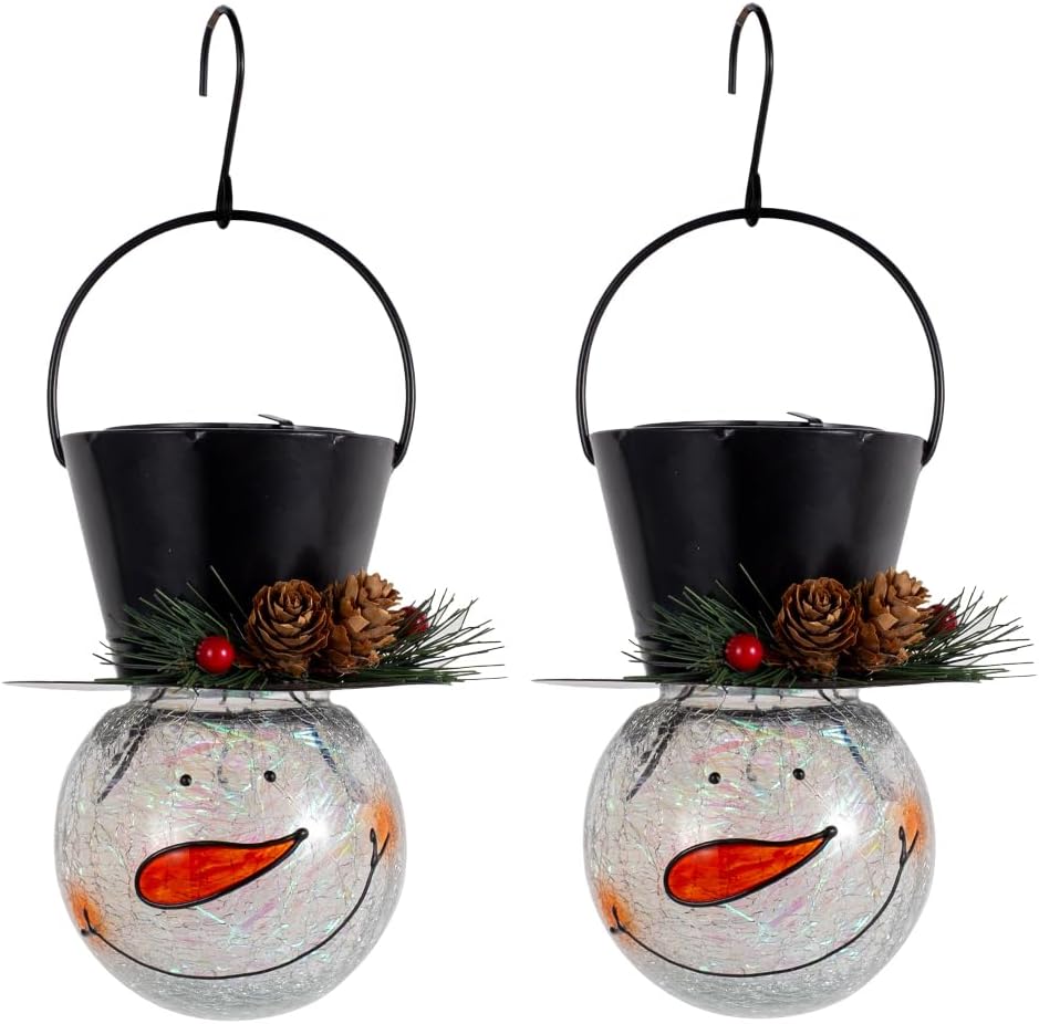 Viveta 2Pack Snowman Solar Lantern,Christmas Outdoor Hanging Lanterns, Waterproof Solar Lantern with Crackle Glass Ball for Garden Patio Yard Decor (Pinecone)