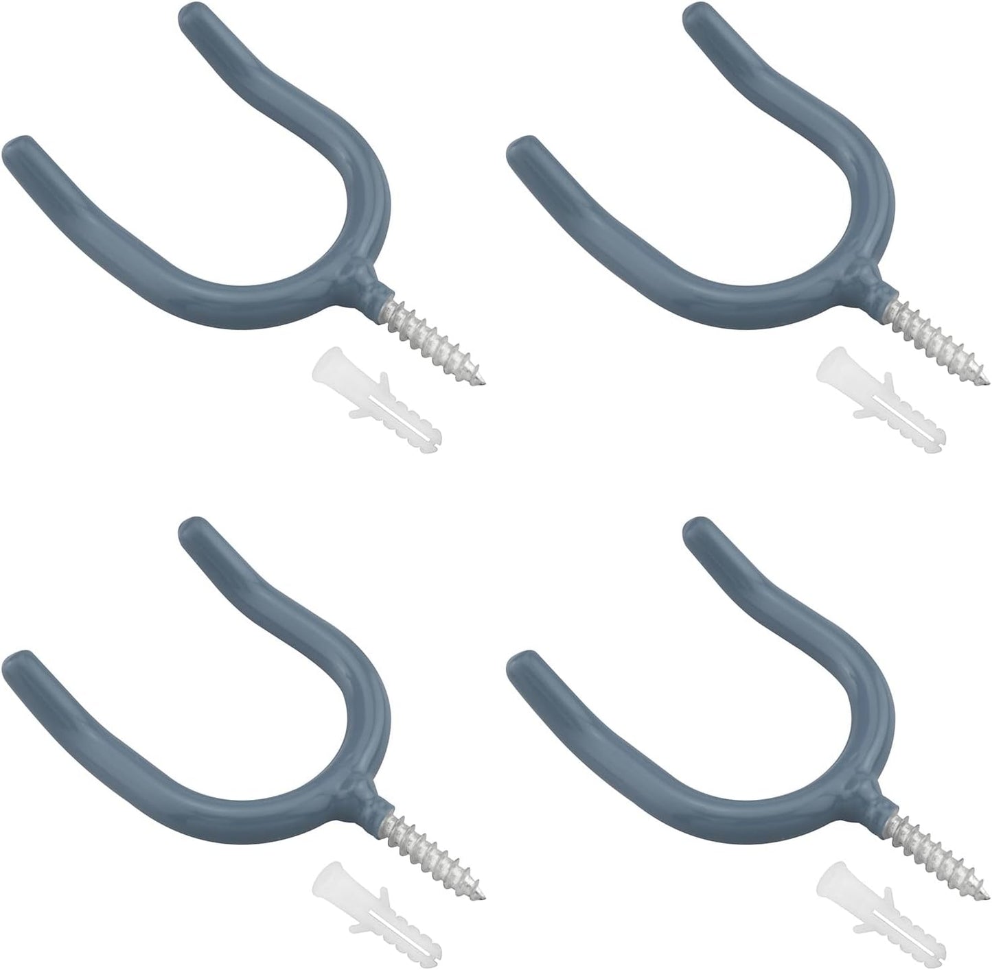 4PCS Threaded U Shaped Gray Hooks 4 Expansion Tubes Heavy Duty Wall Mounted Threaded Storage Screw Hooks Gray Blue for Garden Tools Shovels Rake Racks Brooms