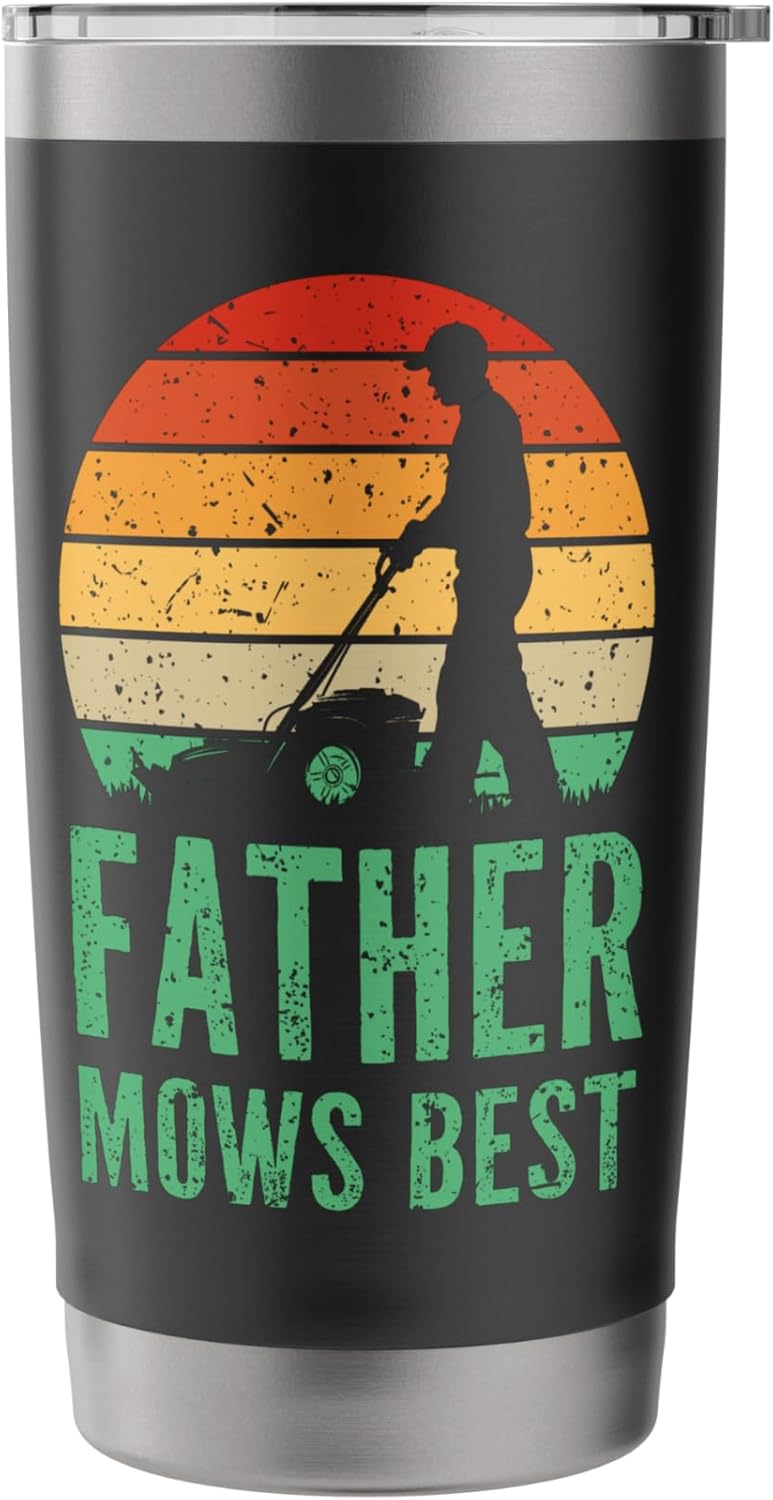 Retro Sunset Father Mows Best Gardener Dad Lawn Care Stainless Steel Insulated Tumbler
