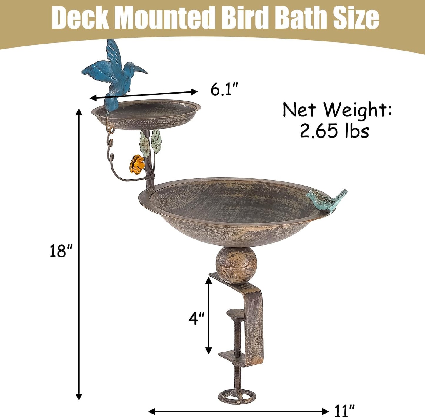 Deck Mounted Bird Bath and Feeder, 2-in-1 Balcony Metal Birdbaths for 