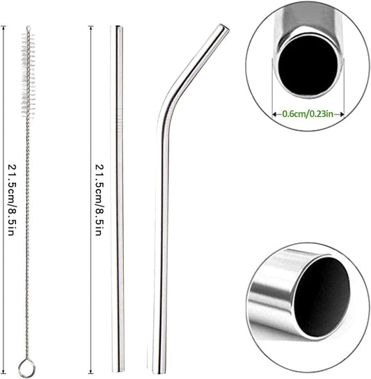 16 Pack of Reusable Stainless Steel Metal Straws, 8 Straight + 8 Bent 8.5 inch Metal Straws with 2 Cleaning Brushes, Straw Compatible with 20oz Stanley Cup