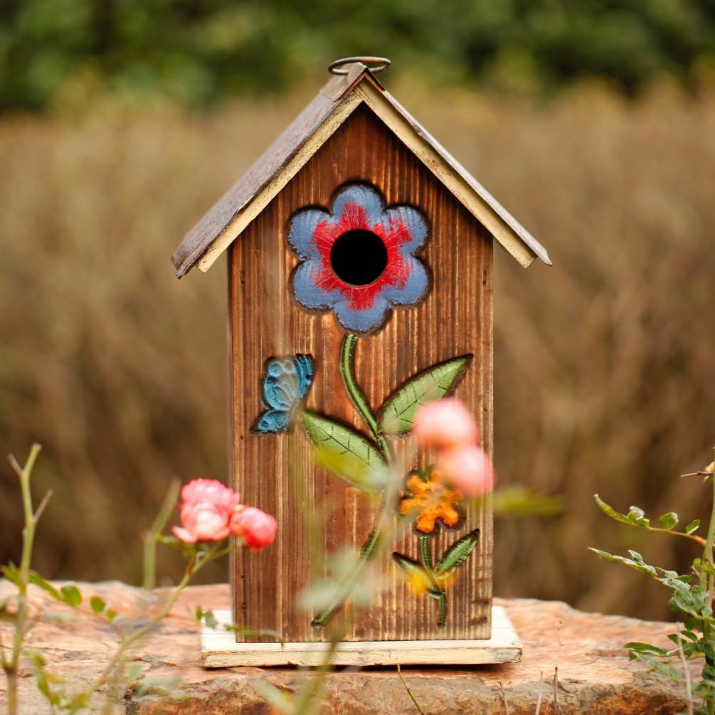 Topadorn Wooden Birdhouse, Carved Floral Bird House for Outdoor Yard Garden Porch Patio Decor, Brown Hanging Wild Bird House, Gift for Bird Lovers