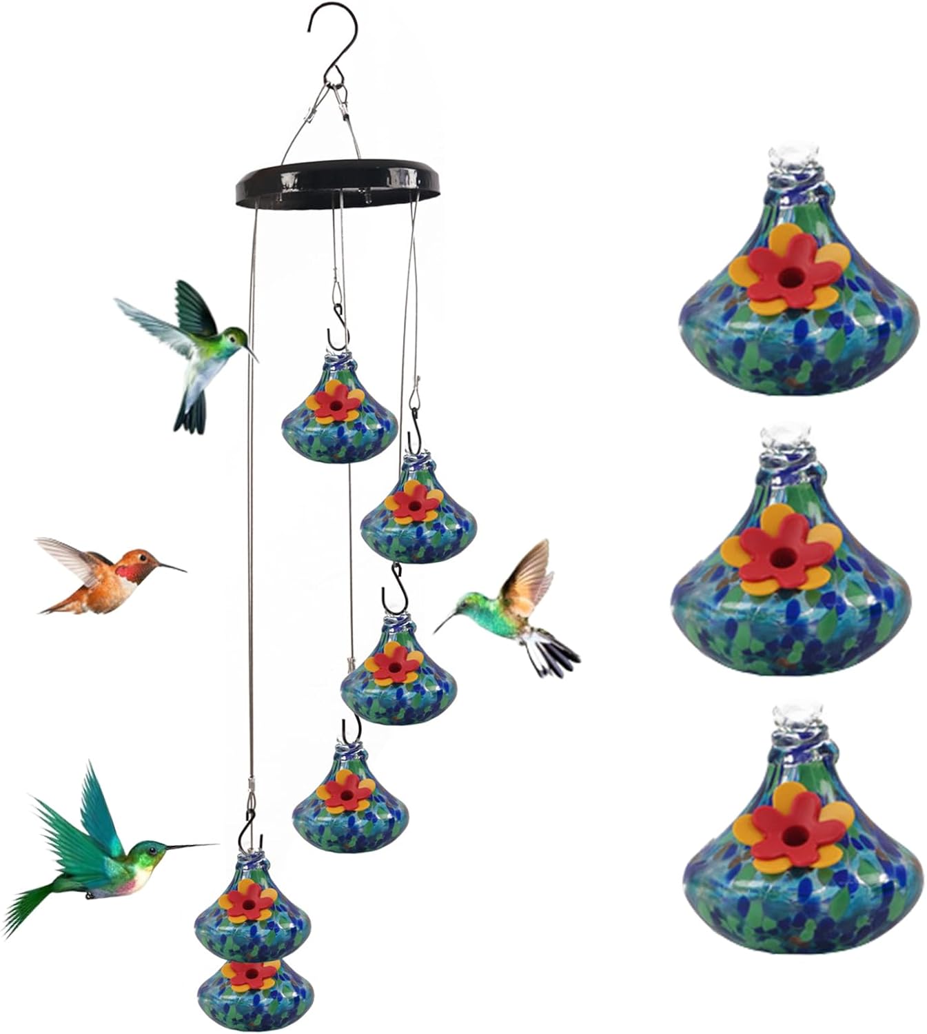 2024 New Charming Windchimes Hummingbird Feeders, Unique Hand Blown Glass Hummingbird Feeders for Outdoors Hanging, Multiple Hummingbird Feeder, Garden Decor for Outside Patio