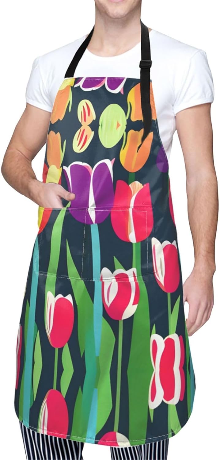 Colorful Tulips Print 28x33 In Adult Kitchen Apron with Pockets Versatile Chef Smock for Cooking Baking