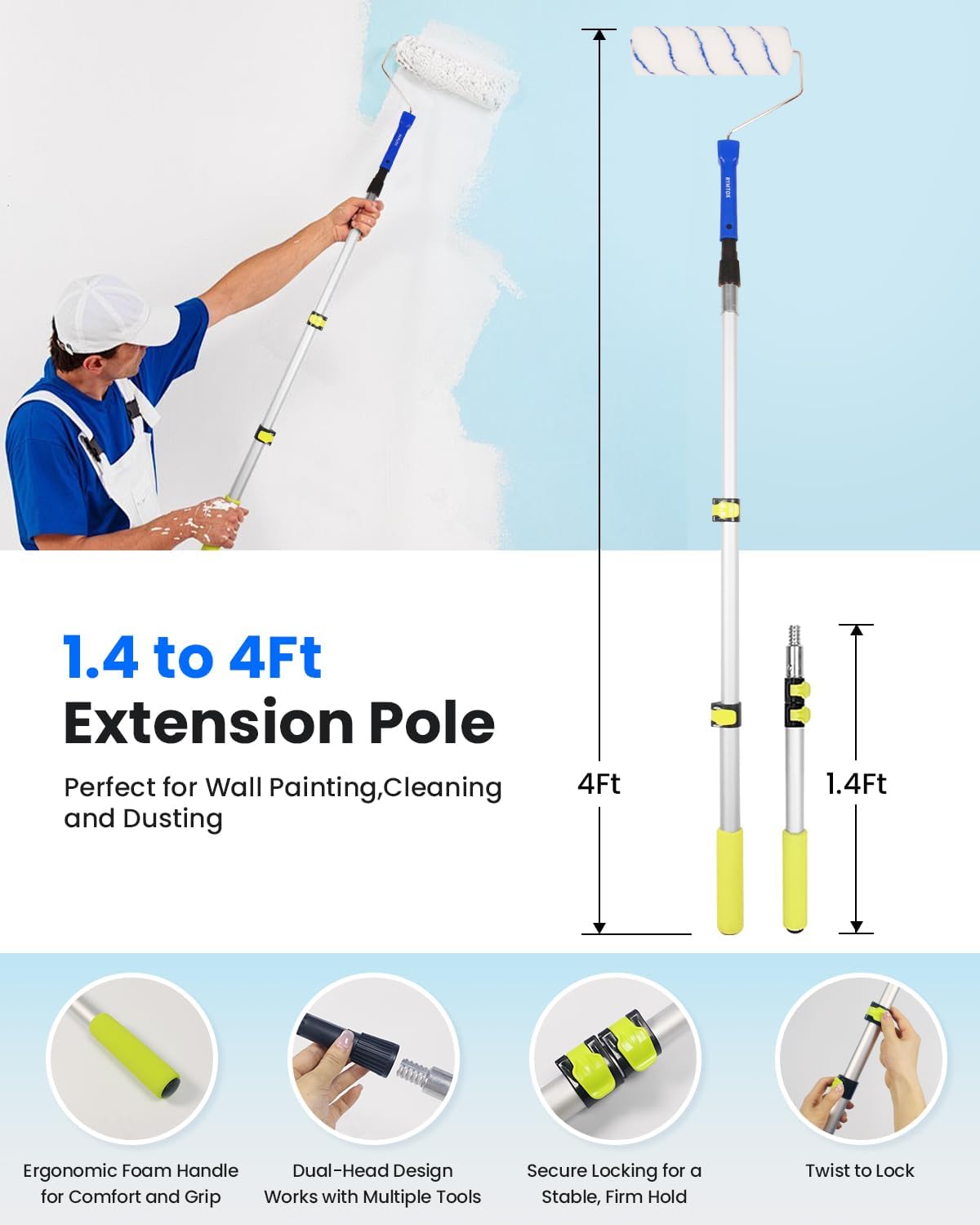 33PCS Paint Roller Kit with Extension Pole | 2–4 FT Pole | 9" & 4" Pai