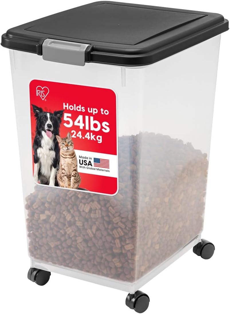 IRIS USA Airtight Dog Food Storage Container, Up to 54 lbs, Attachable Wheels, For Dog Cat Bird and Other Pet Food Storage Bin, Keep Fresh, Translucent Body, Easy Mobility, Black