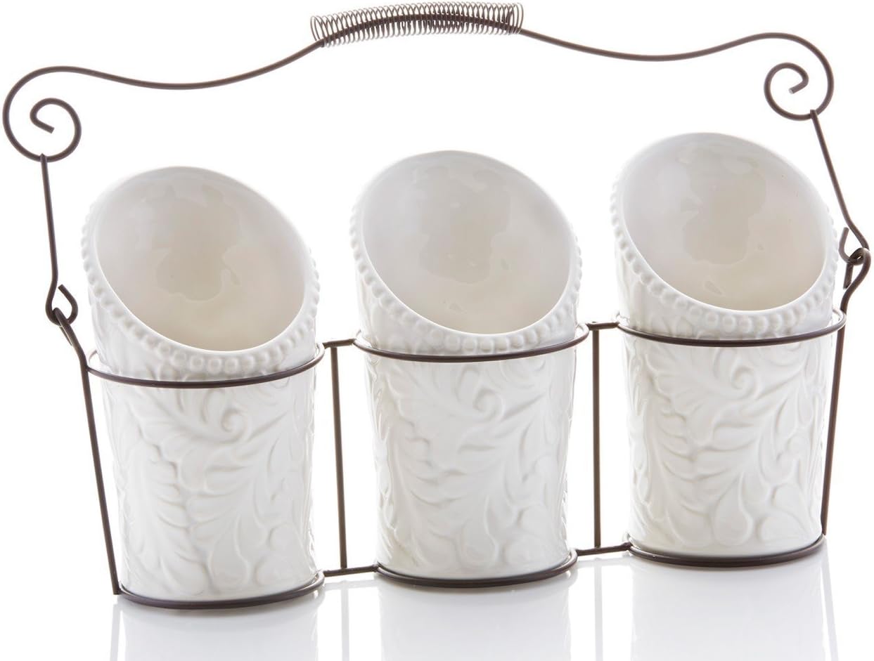 Kitchen Tool Crock (4 Pieces) - 3 Ceramic Utensil Holders (4" Dia x 7" H each) & 1 Metal Caddy - White & Embossed Design