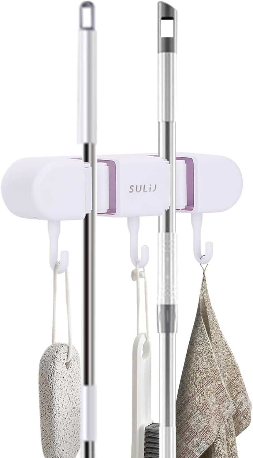 Broom Holder with 2 Slots & 3 Hooks Heavy Duty Garden Tool Organizer Broom Hanger Wall Mount for Home Laundry Room Kitchen Closet Shed Garage Organization and Storage - White