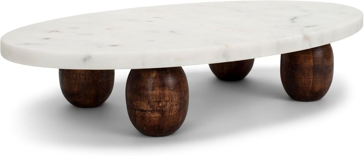 India Handicrafts Elegant Oval with Wooden Feet, White 18 x 10 Inch Marble Display Cake Stand Riser