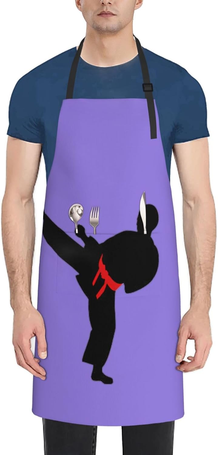 Karate Boy Vector Changeable Belt Color Print 28 x 33in Waterproof Apron with Pockets Fashionable Versatile Smock for Baking