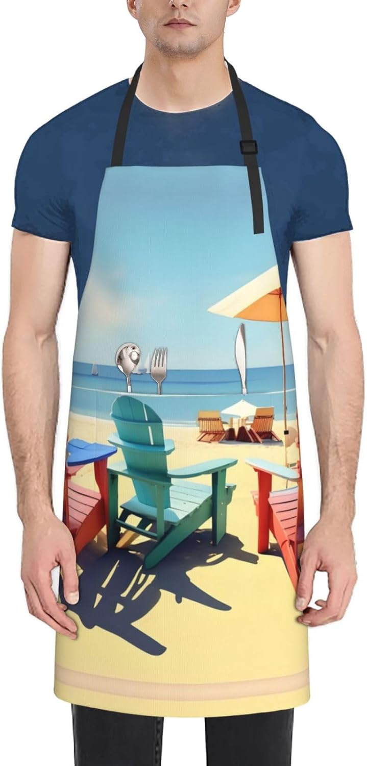 Beach Chairs and Scenery Print Laundry apron 28x33 In Waterproof Kitchen Apron with Pockets for Cooking Baking