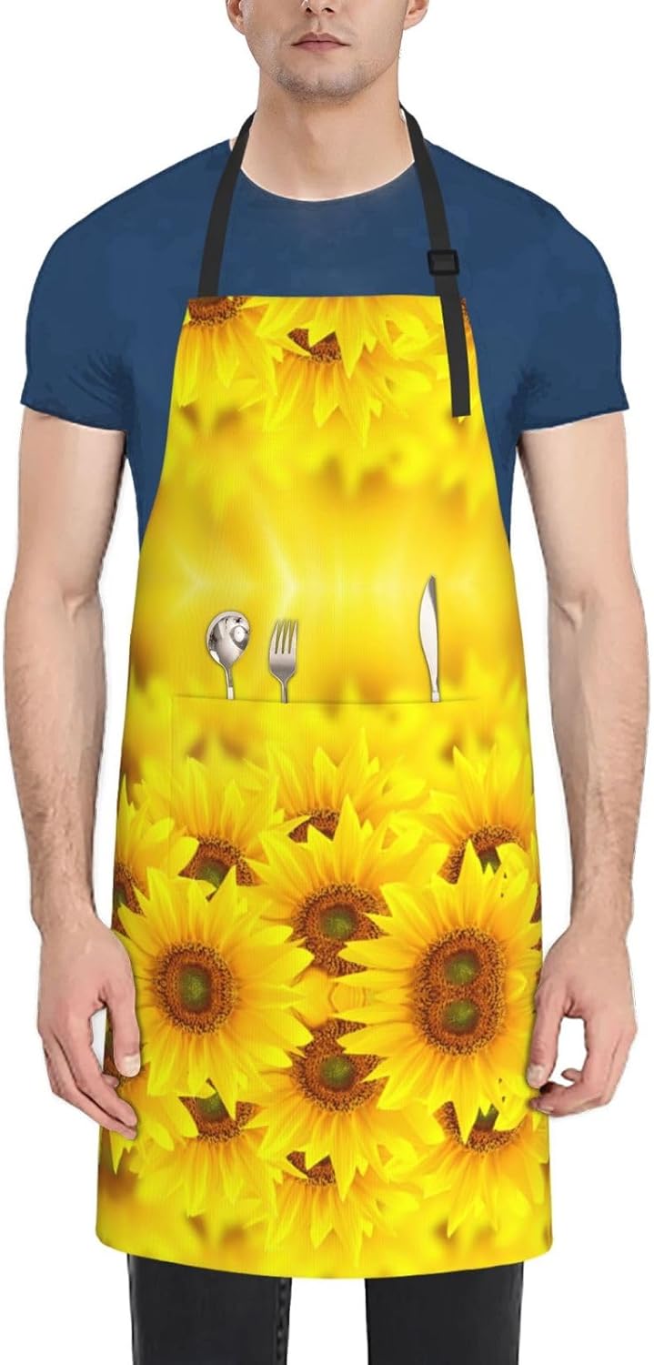 Yellow Sunflower Print 28x33 In Adult Kitchen Apron with Pockets Versatile Chef Smock for Cooking Baking