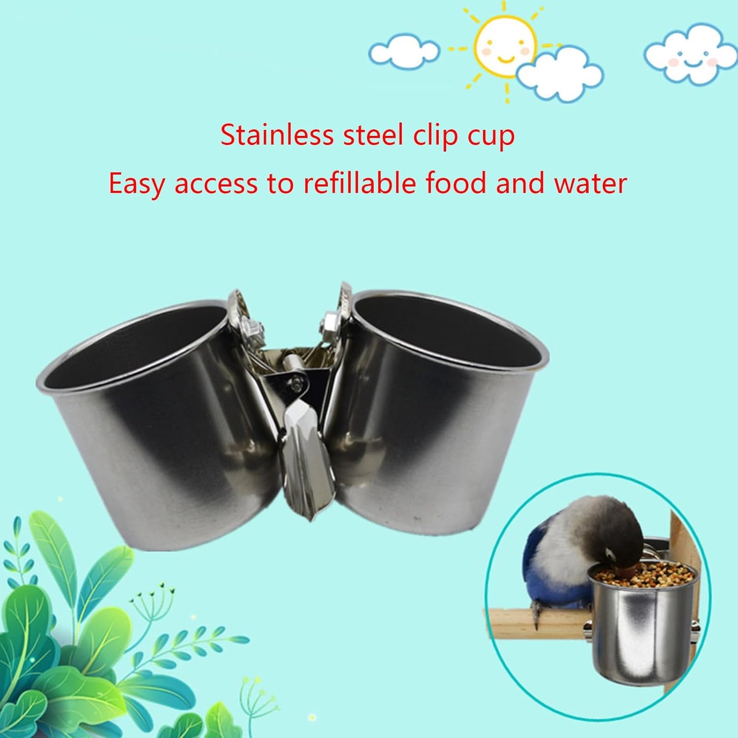 2pcs Steel Bird Feeder Steel Cup Food Bowl Container Parrot Parakeets Cage Hanging Bowl Water Food Dish Bird Supplies Bird Feeder for Cages Portable with Hook