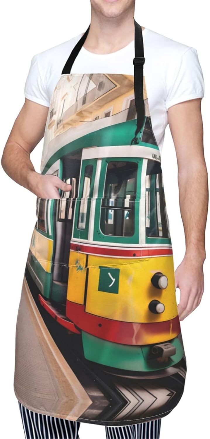 lisbon tram pattern Print Laundry apron 28x33 In Waterproof Kitchen Apron with Pockets for Cooking Baking