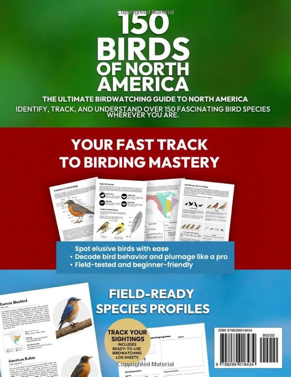 150 Birds of North America, Field Guide & Bird Watching Book for Easy Identification: A Birding Field Guide to 150 North American Species with Photos, Identification Tips, Behavior & Log Sheets