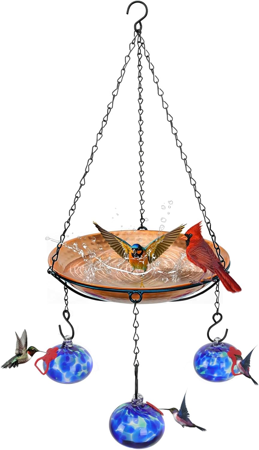 Wind Chimes Hanging Bird Feeders for Outdoors ＆ Bird Bath ＆ Hummingbird Feeders for Outdoors 3-in-1,Hand Blown Glass Hummingbird Feeder Balls,Detachable Feeder ＆ BirdBath(11in)(Phoenix Tail Blue)