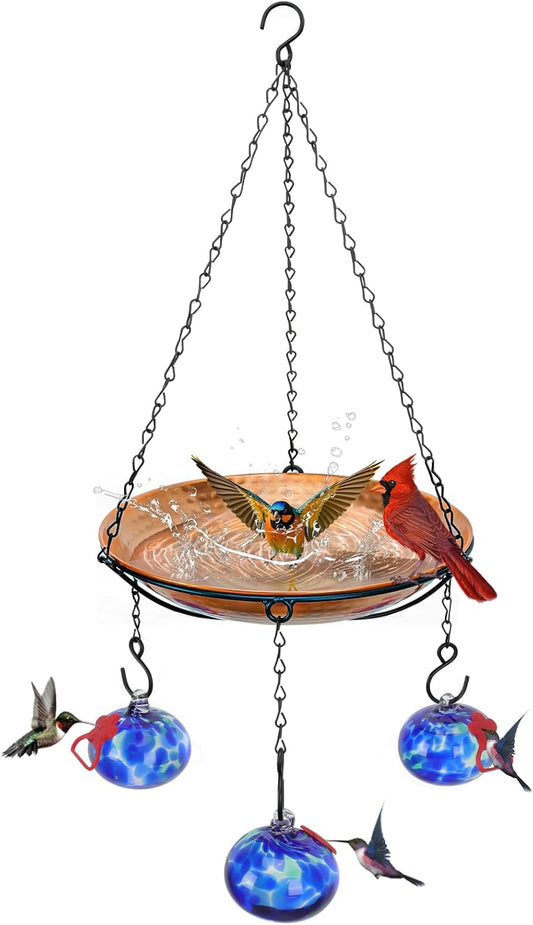Wind Chimes Hanging Bird Feeders for Outdoors ＆ Bird Bath ＆ Hummingbird Feeders for Outdoors 3-in-1,Hand Blown Glass Hummingbird Feeder Balls,Detachable Feeder ＆ BirdBath(11in)(Phoenix Tail Blue)