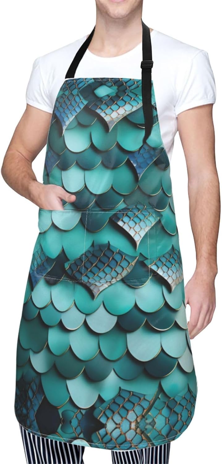 Mermaid fish scale print print Waterproof chef's apron with pocket apron for kitchen cooking baking barbecue and gardening