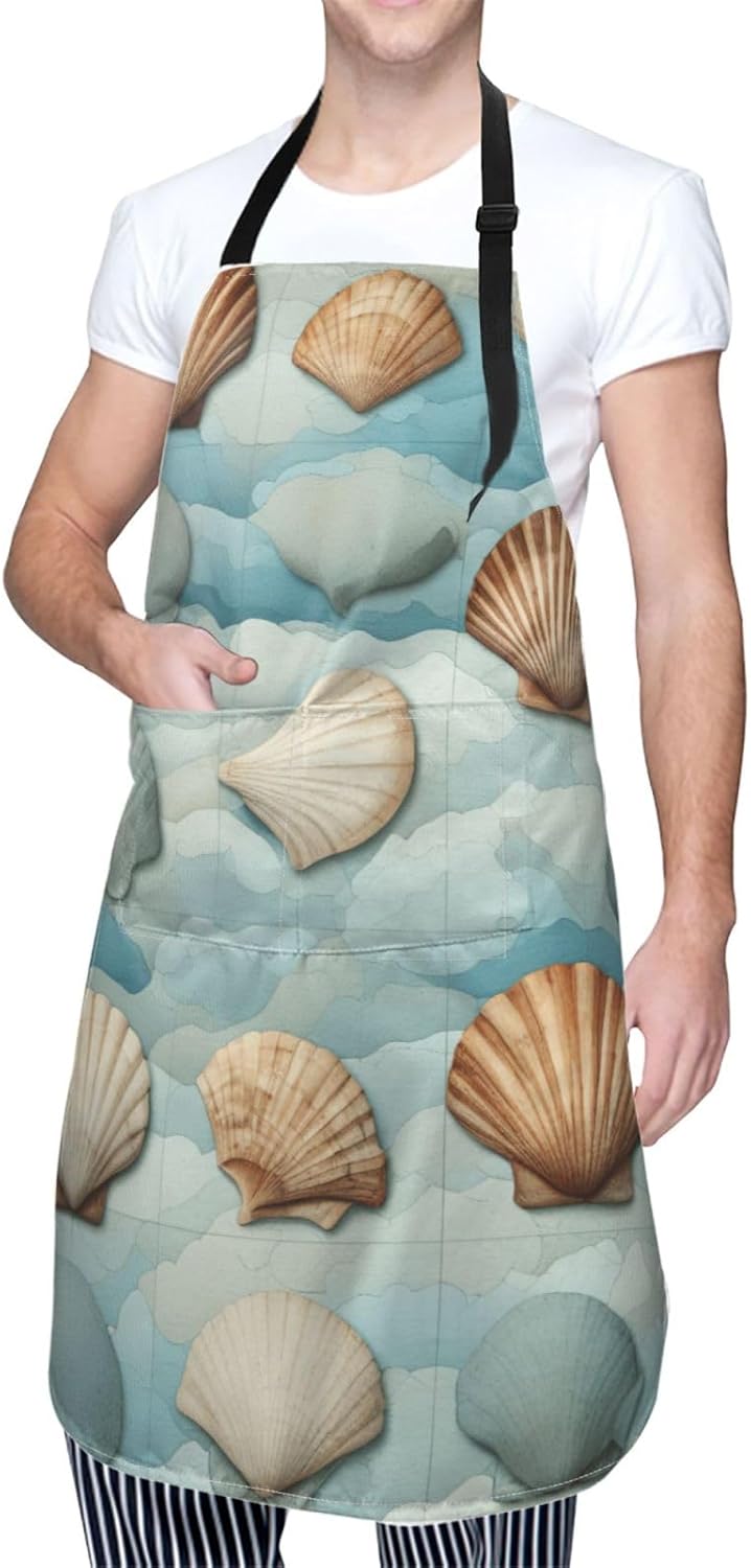 YANYU Sea Shell Print 28x33 In Kitchen Apron Stylish Chef Apron with Pockets for Cooking Baking Painting