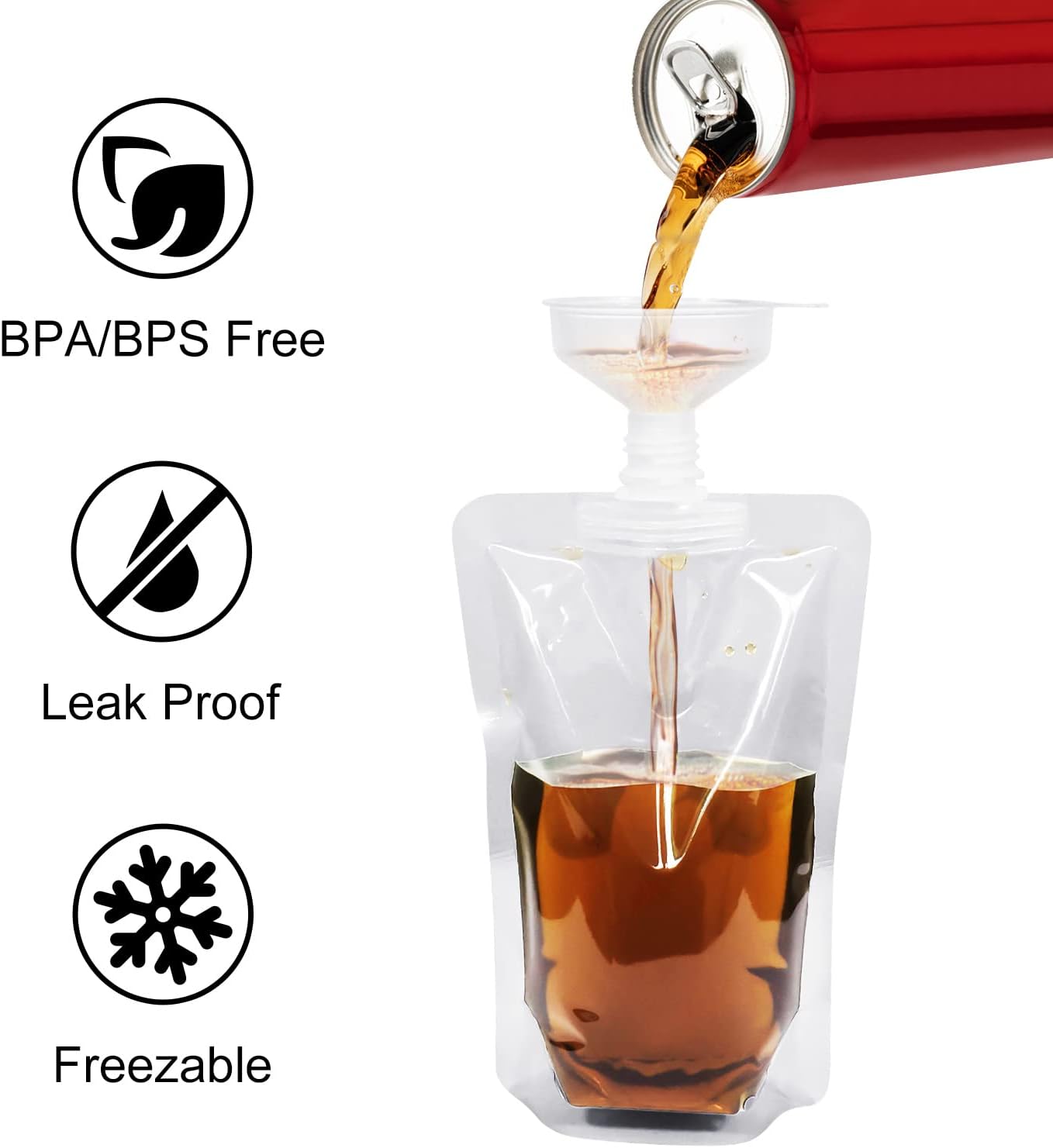 Keon Plastic Pouches - Leak-Proof, Reusable, Flexible Juice Bags, BPA-Free for Travel, Outdoor Sports, Concerts, Events (8OZ - 10PCS + 2 Funnels)