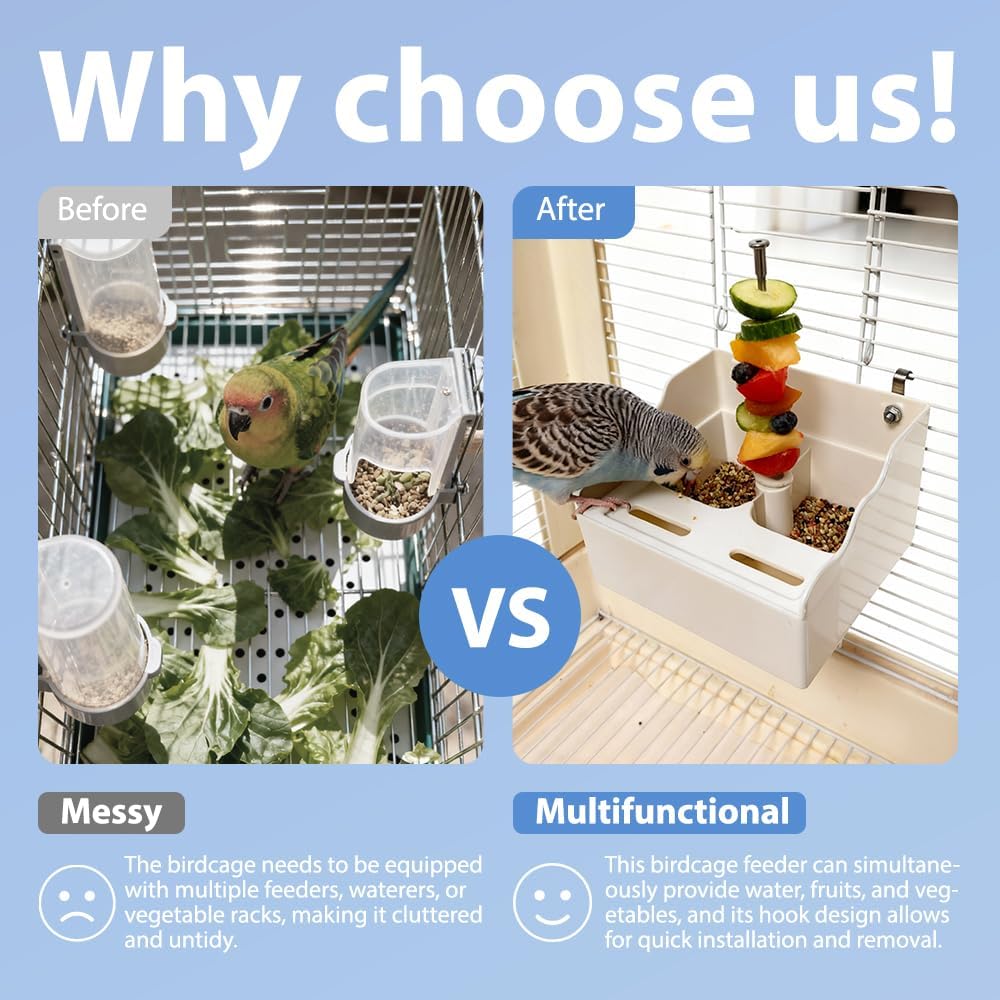 No Mess Bird Feeder for Cage with Vegetable and Fruit Holder, Automatic Parrot Feeder Cage Accessories, Food Bowls for Small Parrots Canary Parakeet Budgies Conure Cockatiel Lovebird