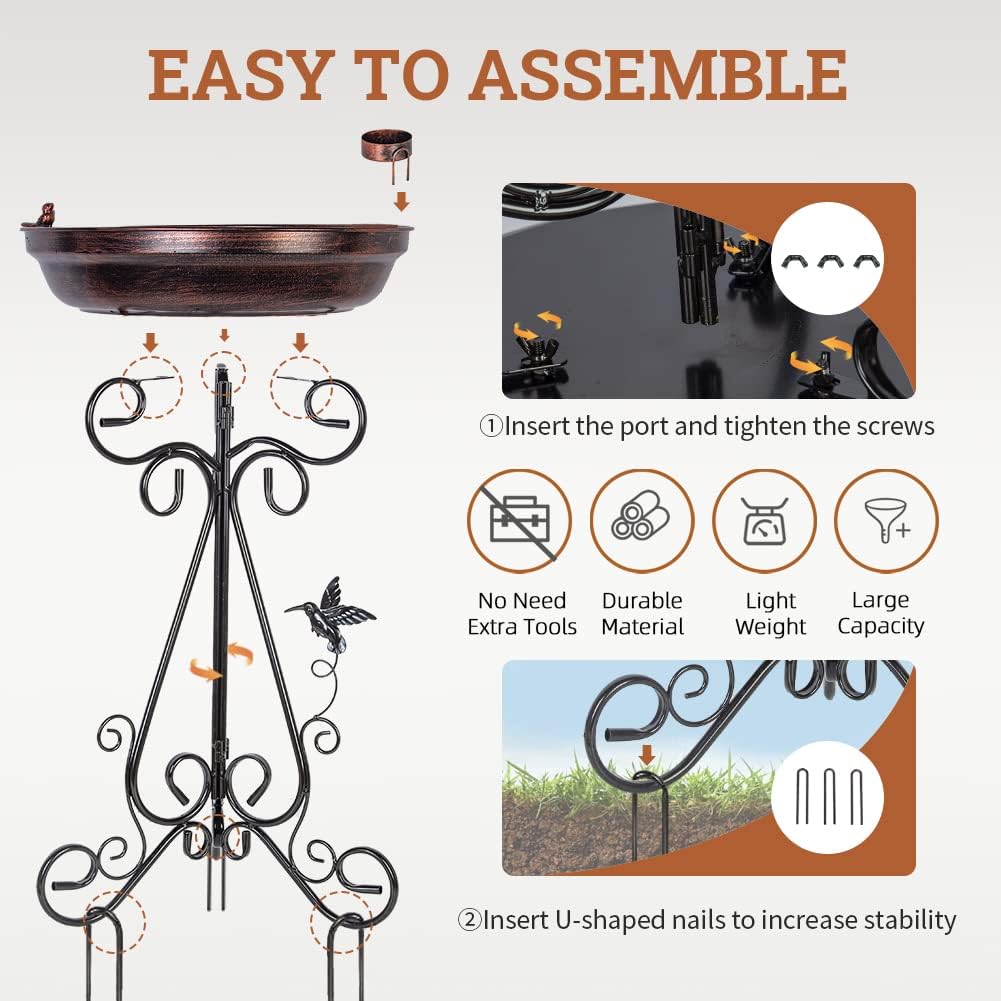 dreamysoul Large Bird Bath with Metal Pedestal, 18" Dia Antique Copper Outdoor Birdbath with Bird Feeder for Garden Outside Patio Yard Decor