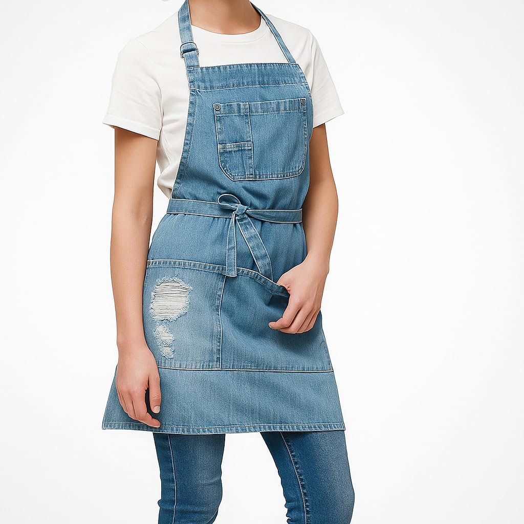 Denim Apron With 5 Pockets for Kitchens,Hairstylist Aprons for Women M