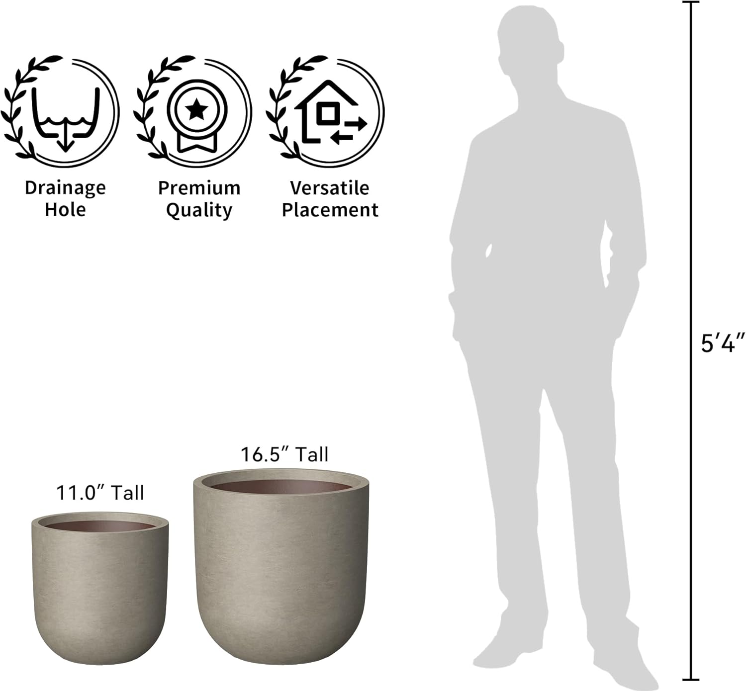 Kante 11.0" Round Concrete Planter, Large Cylinder Plant Pot with Curv