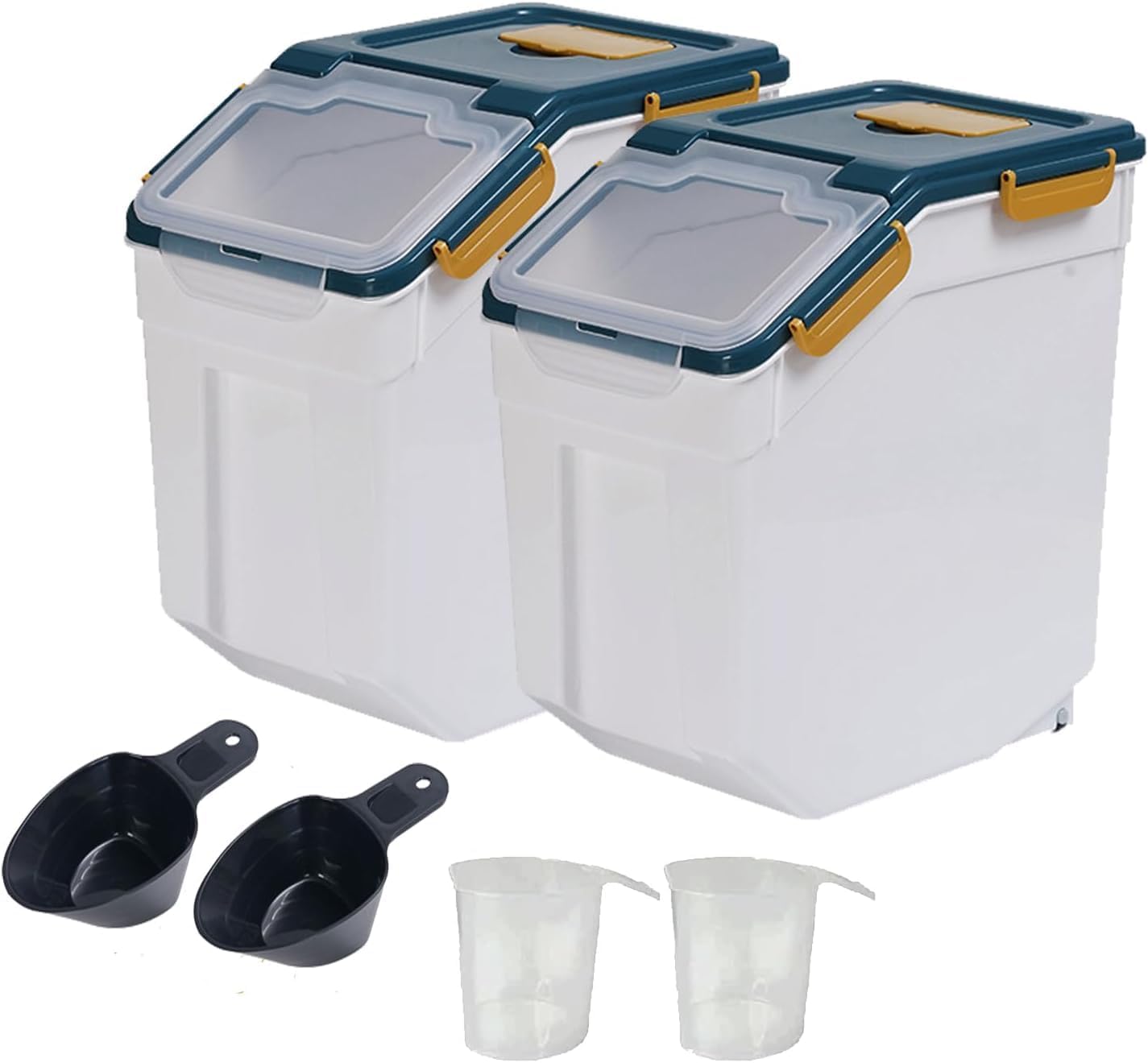 AnRui Flour Storage Container 25lb, Grain Storage Bucket, Airtight Rice Cereal Dispenser Organizer Box with Lid, Wheat Berry Storage Bin with Measuring Cup, Scoop, Wheels, 2Pcs Blue