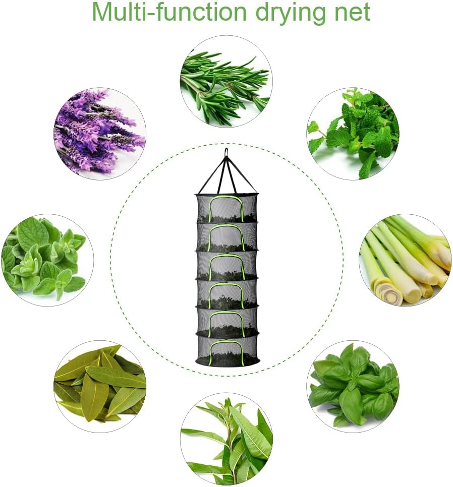 6 Layer Herb Drying Rack, Hanging Mesh Net, Foldable Plant Drying Rack with U-Shaped Double-Headed Zipper, Garden Shears & S Hooks, for Herbs, Plants, Fruits, Seafood, Clothing(23.62''W)