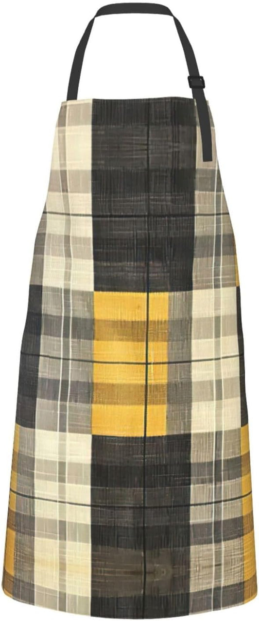 Yellow Gray Black Plaid print Waterproof chef's apron with pocket apron for kitchen cooking baking barbecue and gardening