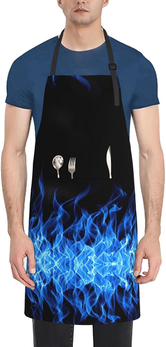 Blue Flame print Waterproof apron with pocket adjustable cooking apron