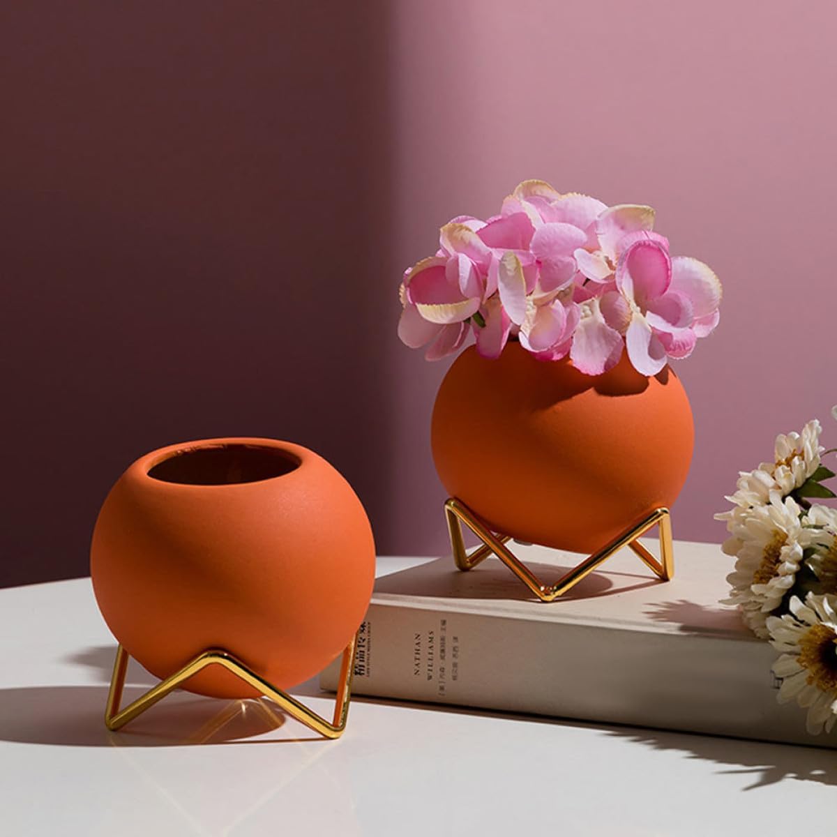 FAVOMOTO Nordic Ceramic Flower Vase Set 2pcs with Iron Frame Spherical