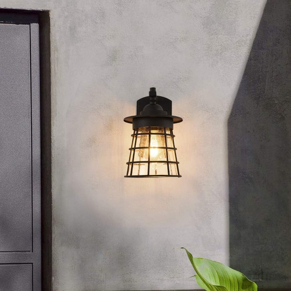 Garden Black Industrial Wall Lamp Waterproof Barn Outdoor Lighting Sconce E27 Cage with Seed Glass Shade Mounted Lantern Light Hard-Wired for Courtyard Landscape