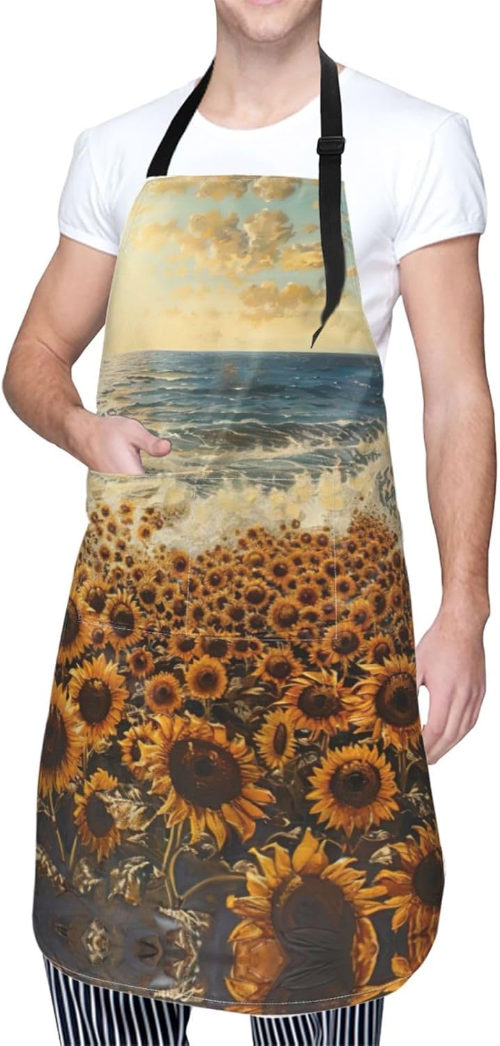 sunflowers sea print Waterproof chef's apron with pocket apron for kitchen cooking baking barbecue and gardening