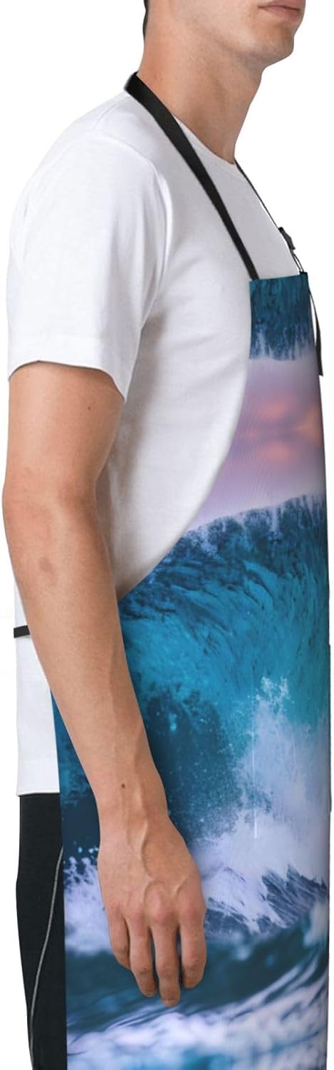 Blue Ocean Wave Print Laundry apron 28x33 In Waterproof Kitchen Apron with Pockets for Cooking Baking