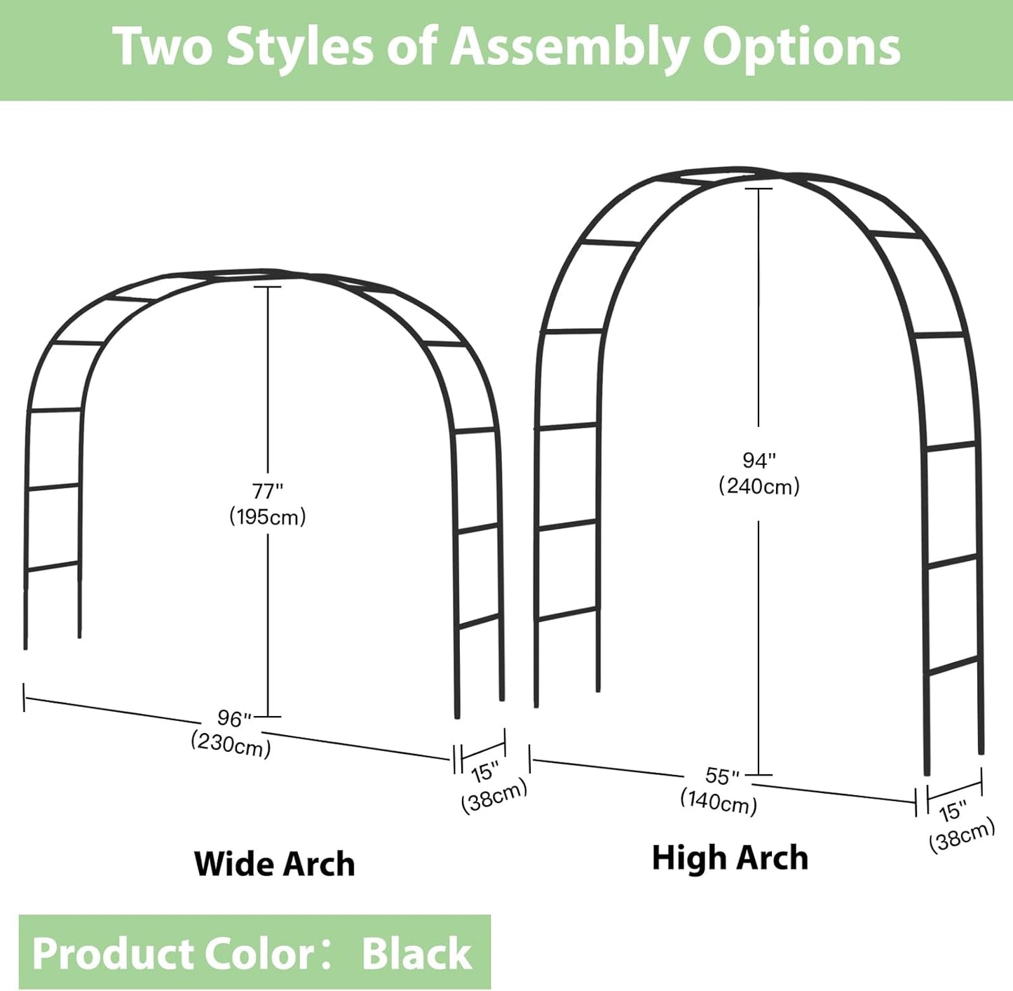 RUBFAC 94" Garden Arch Trellis for Climbing Plants Outdoor, Metal Arch Frame Garden Arbors and Arches, Outdoor Archway for Flower Vines Wedding Bridal Party Decoration, Black