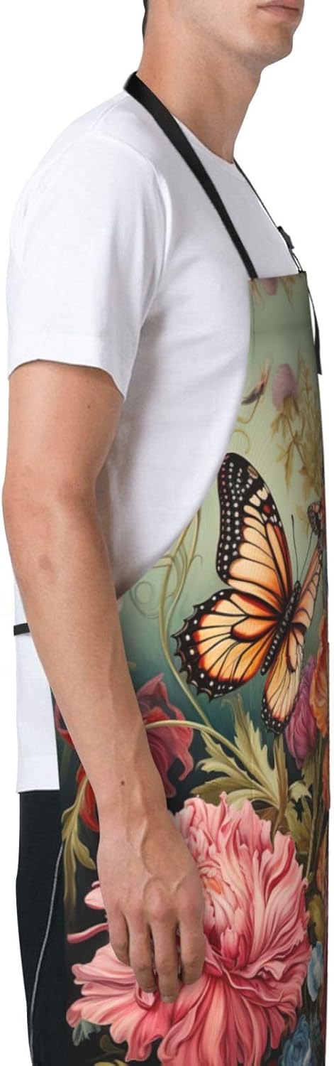 Flowers and Butterfly print Waterproof chef's apron with pocket apron for kitchen cooking baking barbecue and gardening