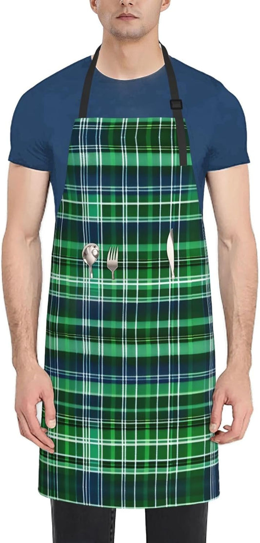 Blue and Green Scottish Tartan print Waterproof apron with pocket adjustable cooking apron for adult kitchen bibs to bake