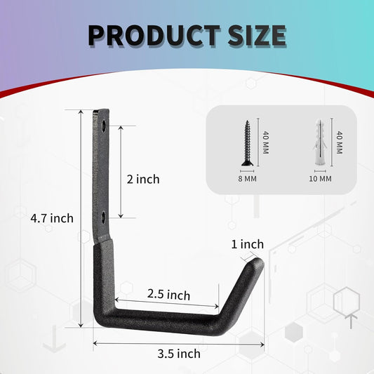 Heavy Duty Steel Hooks - Wall Mount Organizer for Garage & Garden Tools, Hoses & More (4, Small)