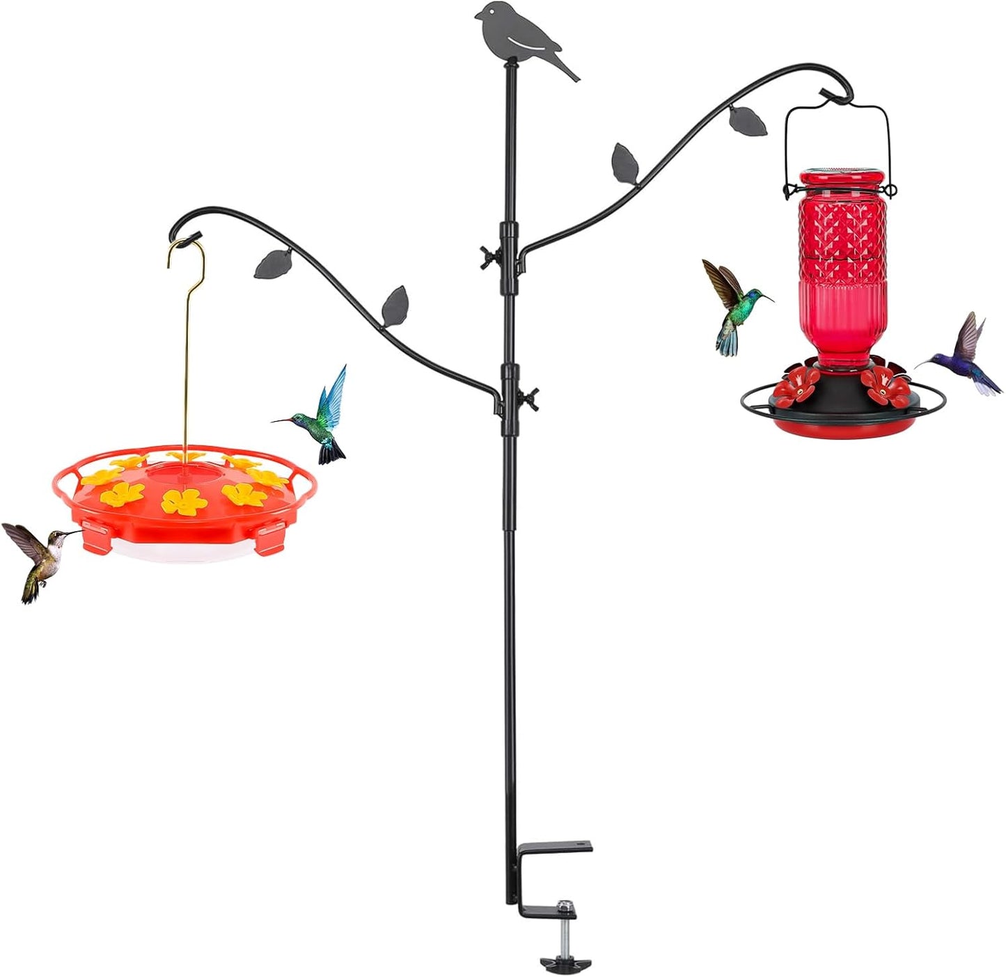 FEED GARDEN Deck Bird Feeder Pole, 42 Inches, Multiple Hooks, Adjustable, Detachable, Heavy Duty Steel, Stable, Black, BirdFeeders Porch for Deck Kit for Outside Bird Feeders and Plant Hangers