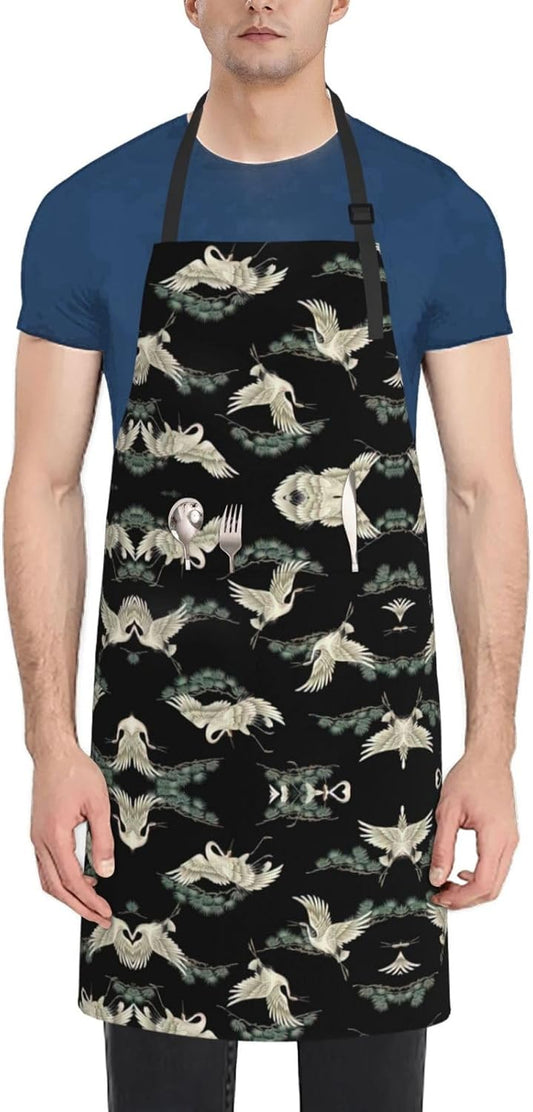 Japanese Crane & Pine print Waterproof apron with pocket adjustable cooking apron for adult kitchen bibs to bake