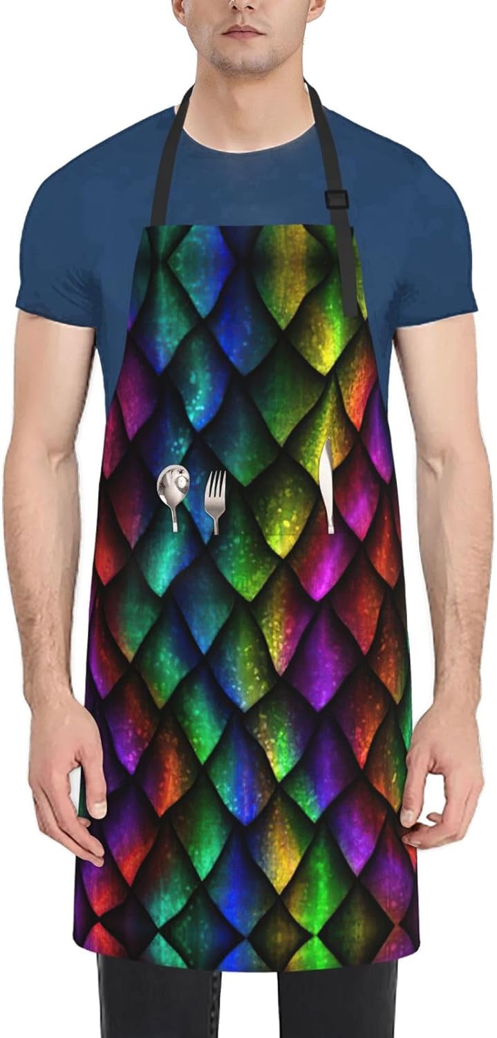 Dragon Scale print Waterproof apron with pocket adjustable cooking apr