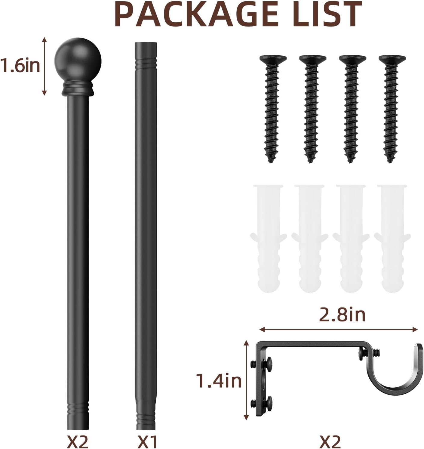 Black Curtain Rods for Window 28 to 48, 5/8 inch Small Decorative Curt