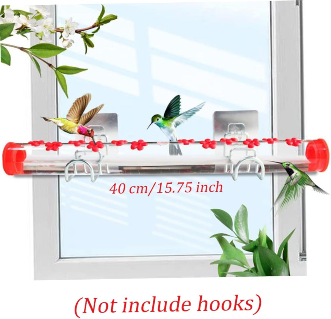 Window Hummingbird Feeder Bird Feeding Station with 12 Feeding Ports and Bird Habitat Perch Red 15.7 Inch. Bird Feeding Station