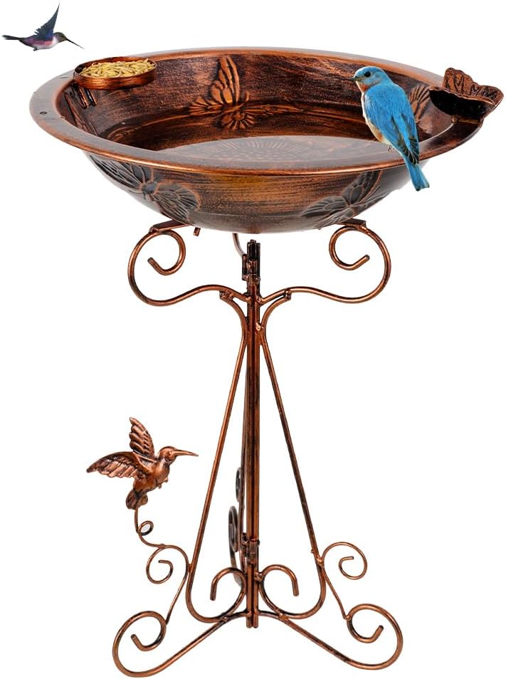 DREAMSOUL 13" Dia Bird Bath Stand with Folding Bracket, Vintage Copper Birdbath with Butterfly Pattern Metal Bird Bath for Outside